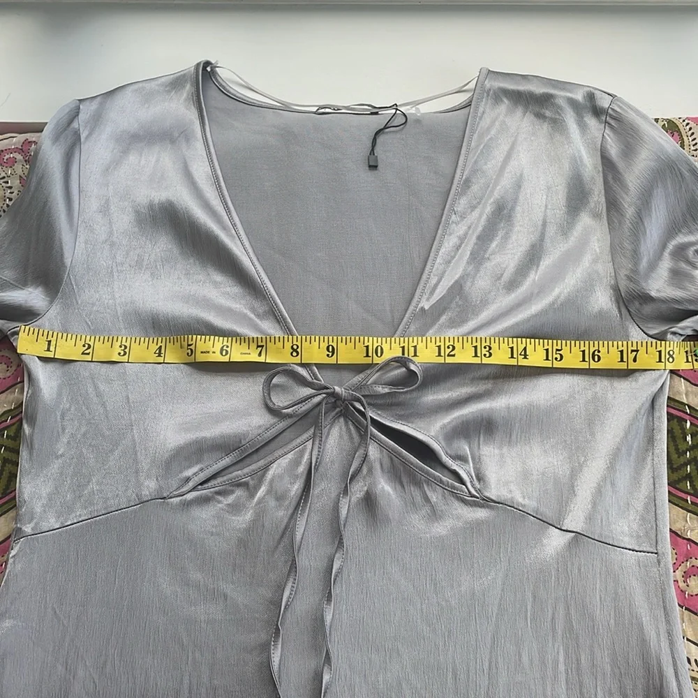 ZARA NWOT Satin Silky Long Sleeve Gray Dress Ties in Front‎ with Cutouts Large